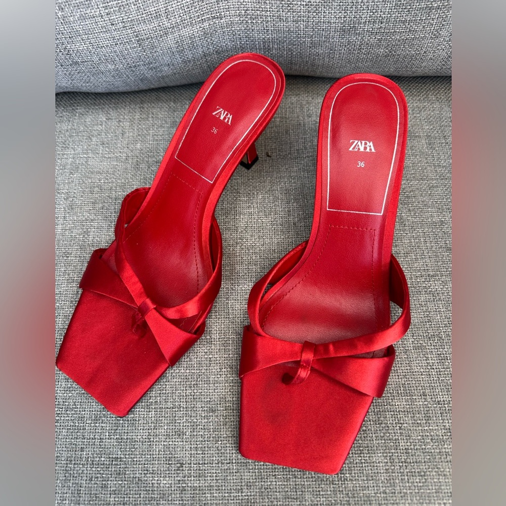 Zara Scarlet Satin Heels - Picture 2 of 7